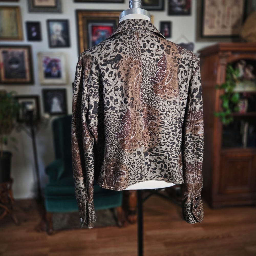 Picadilly Fashions Leopard Metallic Moto Jacket Brown Gold Womens Cropped Blazer - Picture 4 of 7